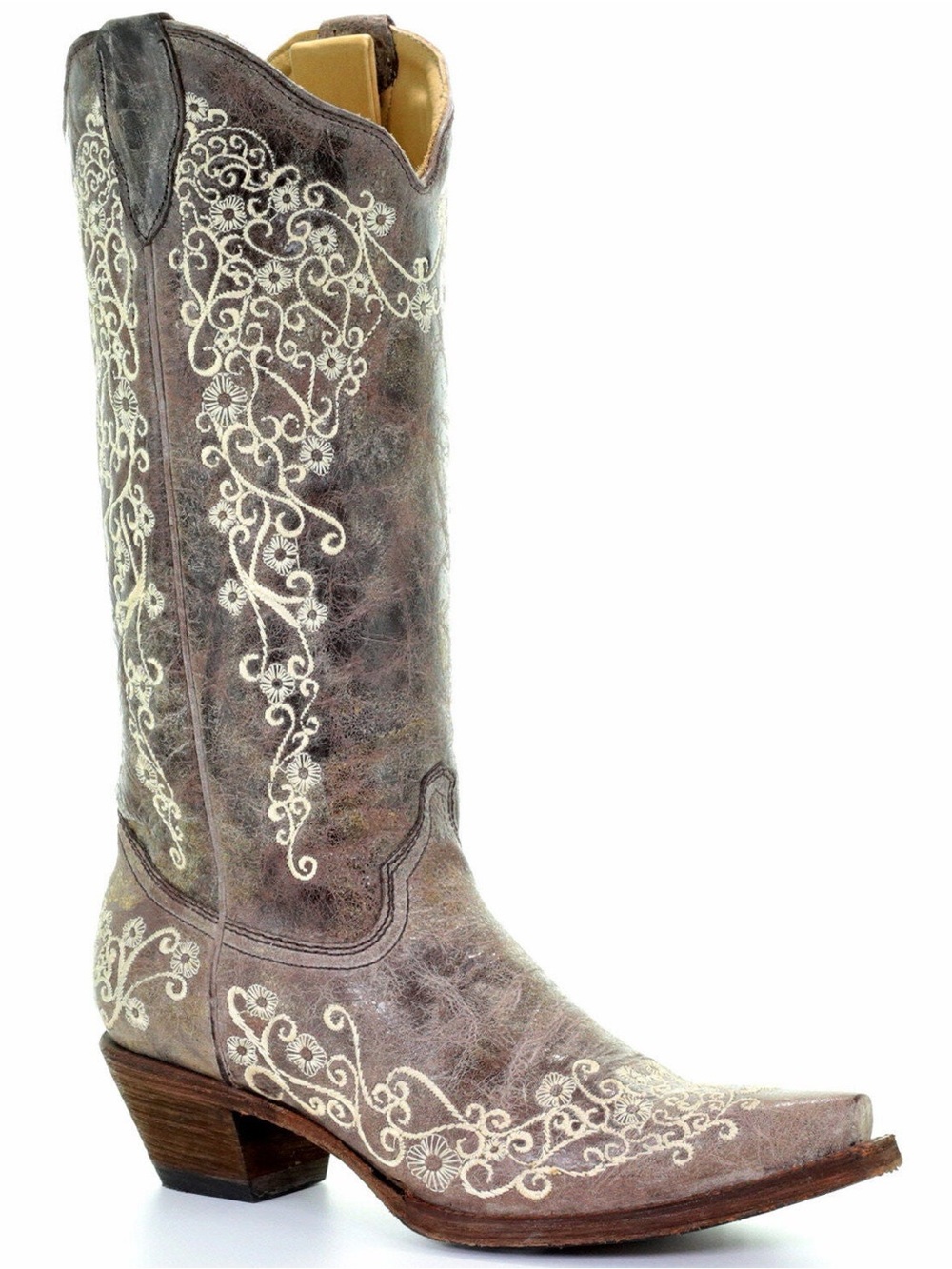 Corral A1094 Women's Crater Brown Leather Bone Embroidered Boots Sz 8.5